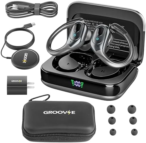 Revolutionize Your Listening Journey with Groove Electronics 4-in-1 Wireless Earbuds – Exceptional 80 Hours of Playtime, State-of-the-Art Bluetooth 5.3 Connectivity, Advanced Active Noise Cancelling for Pure Immersion, IPX7 Waterproof Rating for Ultimate Durability, and Innovative LED Display | Bonus Phone Charging Pad Included for Seamless Power Management