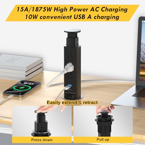 Elevate Your Charging Station with the Kungfuking Retractable Pop Up Outlet Socket – Versatile Power Hub Featuring 3 US Plugs & 2 USB Ports for Kitchen Counters, Conference Rooms, and Office Spaces, Sleek Black Design for Modern Aesthetics, Efficient Charging & Clutter-Free Organization