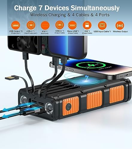 Ultimate 45800 m Ah Solar Wireless Power Bank with Hand Crank & Fast Charging – 7 Outputs, 4 Inputs, SOS Flashlight & Compass for Outdoor Adventures and Emergency Preparedness