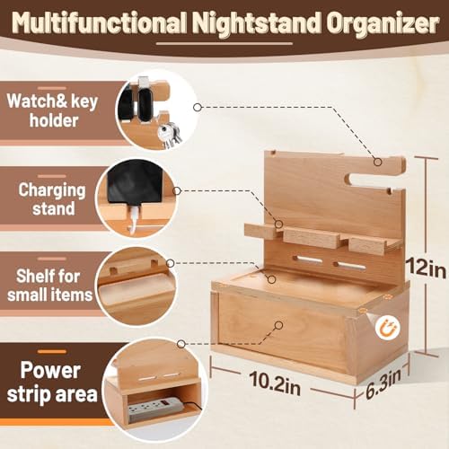Sustainable Beechwood Nightstand Organizer with Integrated Cable Management – Elegant Phone Docking Station for Men, Boyfriends, and Husbands – Ideal Gift for Birthdays and Anniversaries in Light Yellow – Enhances Organization and Style