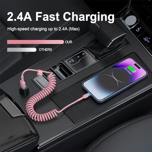 Elevate Your Charging Journey with Opluz Pink Coiled Lightning Cables – 2 Pack, MFi Certified i Phone Car Charger Cords for Fast & Efficient Charging Compatible with i Phone 14/13/12/11 Pro Max/XR/XS/X/8/7 and i Pads – Stylish, Tangle-Free Design Perfect for Car Play Integration and On-the-Go Power!