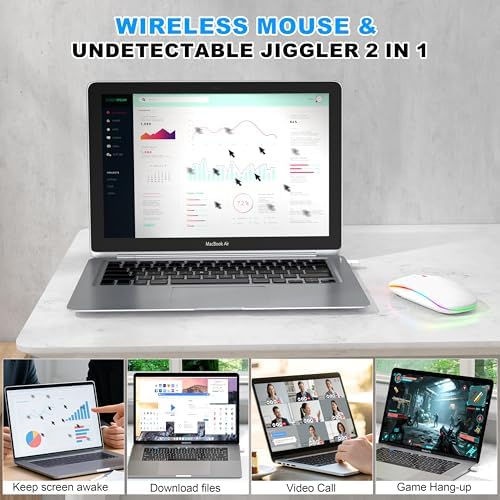 Sleek LED Bluetooth Wireless Mouse for Mac & PC – Rechargeable, RGB Light-Up Design with Dual Connectivity (BT5.2 + 2.4 G USB) – Slim, Portable Mouse with Jiggler Function for Work & Play – Enhanced Performance & Style in White