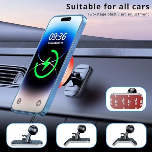OHLPRO Mag Safe Car Charger Mount for i Phone 16/15/14/13 Pro Max – 15 W Fast Charging Phone Holder with 360° Rotation, Secure Adhesive Base for Tesla and Other Vehicles, Ultimate Magnetic Car Accessory for Safe Driving and Hands-Free Navigation – Perfect Gift for Tech Enthusiasts and Road Warriors
