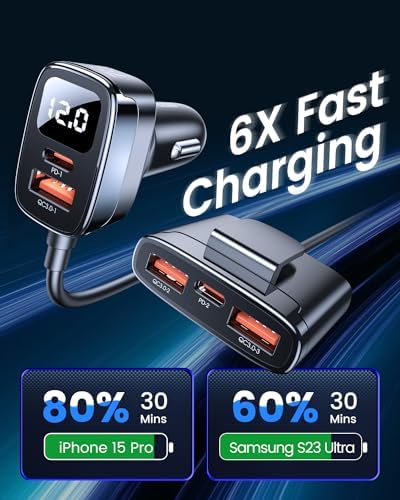 Ultimate 78 W Multi-Port USB-C Car Charger with LED Voltage Display – Rapid Charging for i Phone 16/15 Pro Max, Samsung S24 & More – 5 FT Cable Included for Enhanced On-the-Go Power Solutions