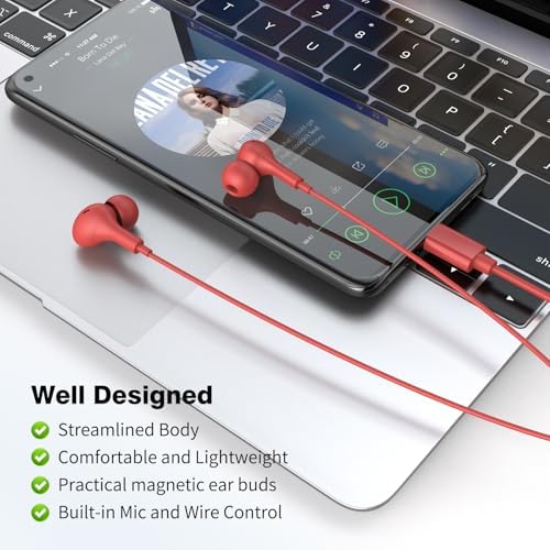Magnetic USB C Earbuds for Samsung Galaxy S24 Ultra, S23 FE, S22, S21, A54, A53 & i Phone 16, 15 Pro Max – Noise Isolating Wired Headphones with Microphone and Volume Control for Enhanced Audio Experience – Perfect for Music Lovers and Professionals
