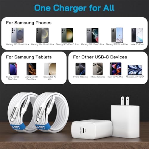 Dual-Pack 45 W Super Fast USB-C Charger with 6.6 ft Cables – Optimized PD/PPS Wall Charging Block for Samsung Galaxy S25/S24/S23 Ultra and Tab S8 – High-Efficiency Charging Solution for Home and Office Use