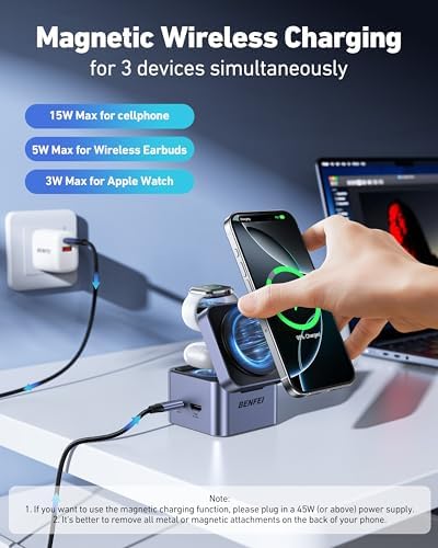 Ultra-Compact BENFEI 3-in-1 Mag Safe Wireless Charger Stand with USB-C Hub – Fast Charging Station for i Phone 16/15/14/13/12, Apple Watch & Air Pods, Featuring HDMI (4 K@60 Hz), 100 W PD, 2 USB 3.0 Ports for Enhanced Connectivity – Travel-Friendly Design with Adjustable Viewing Angles