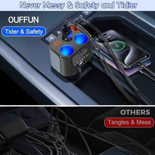 High-Power 180 W Retractable Car Charger with Dual QC 3.0 & PD 36 W Fast Charging | Integrated LED Voltmeter & Replaceable 15 A Fuse for Enhanced Safety | Multi-Device Cigarette Lighter Splitter for GPS, Dash Cams & Smartphones | Tangle-Free PD 30 W Lightning Cable Included