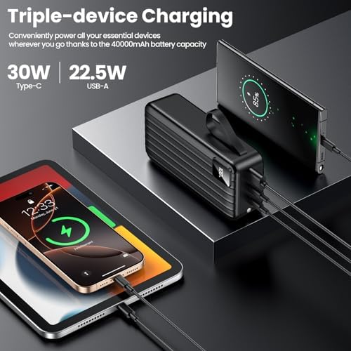 Massive 50000 m Ah Portable Power Bank with Dual Built-in Cables – 22.5 W Fast Charging for i Phone 16/15/14/13 Pro & Samsung Galaxy – Multi-Device Charging for Camping, Hiking & Outdoor Adventures – LED Display & Comprehensive Safety Features Included