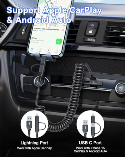 Revolutionary 2-in-1 Coiled USB to USB C and Lightning Charging Cable – 3 A Fast Charging & Data Sync for i Phone 15 Plus, 14, 13, 12, 11 Pro/Max & USB-C Android Smartphones – MFi Certified, Enhanced Durability, Perfect for Apple Car Play & Android Auto Integration