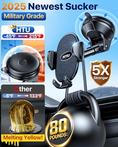 HTU Military-Grade Suction Car Phone Holder 2025 – Versatile Telescopic Arm Smartphone Mount for Dashboard & Windshield – Compatible with i Phone 16 Pro Max, 15, 14, 13, 12 & Samsung – Enhanced Stability for Trucks & Jeeps – Sleek Black Finish for Modern Interiors