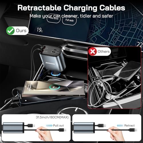 Dual-Output 69 W Retractable Car Charger Set – 4-in-1 Fast Charging Adapter with Type C and Lightning Cables for i Phone 12-16 & Samsung S23/S24 – Compact Design for Seamless Multi-Device Power on the Go