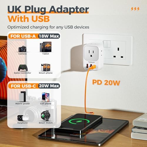 Ultimate European Travel Power Adapter: 4 AC Outlets & 3 Fast Charge USB Ports (1 USB-C PD 20 W) – Compact, Foldable Design for Effortless Connectivity in Spain, France, Germany, Italy, Portugal & Iceland – Versatile Compatibility for All Your Devices