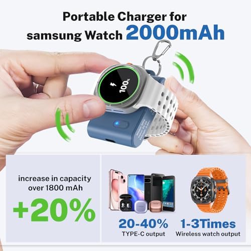 Portable 2-in-1 Watch Charger for Galaxy Watch 7 Ultra – 2000 m Ah High-Capacity Samsung Charger with Keychain for Galaxy Watch Series & Gear S3 – Fast Charging & Enhanced Portability for On-the-Go Power Solutions