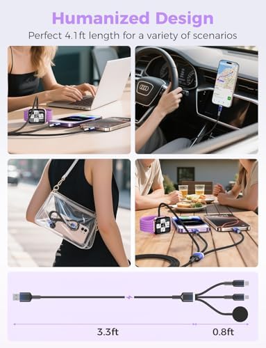 Chic Purple 3-in-1 USB Charging Cable for Women – 4 FT Multi-Device Charger for i Phone 14, 15, 16 & Apple Watch Ultra/SE/10-1 | Stylish Travel Essential Perfect for Tech Lovers and Thoughtful Gifting