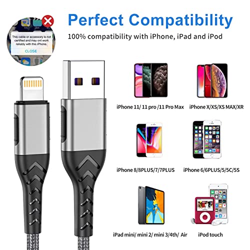 Durcord 10 FT MFi Certified i Phone Charger – 3-Pack Fast Charging Lightning Cables with Durable Nylon Design for Enhanced Compatibility & Performance, Ideal for i Phone XS Max/XS/XR/X/8/7/6 S/6/Plus/SE/i Pad – Sleek Silver Finish for Modern Tech Users