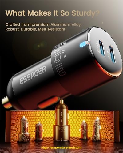Essager 66 W All-Metal Dual Port Fast Car Charger – USB-C Cigarette Lighter Adapter for Rapid Charging of i Phone 16/15/14/13/12 Pro Max, Mac Book, i Pad, and Samsung Galaxy S24/S23 – Compact Design with PD/PPS/QC3.0 Technology for Enhanced Speed and Versatility