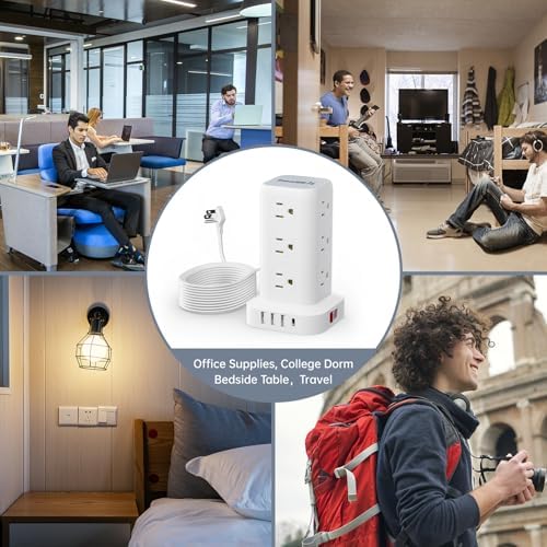 Revolutionize Your Workspace with the Ultra-Thin Surge Protector Power Strip Tower – 10 FT Flat Plug Extension Cord and 1 USB-C Port for Fast Charging, 1020 Joules of Device Protection, Perfect Desk Charging Station for Office and Dorm Room Essentials