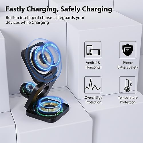 Revolutionary 3-in-1 Fast Wireless Charging Station – Magnetic & Foldable for Seamless Charging of i Phone 16/15/14/13/12/Pro/Max, Apple Watch 9/8/7/6/5/4/3/SE, and Air Pods 3/2/Pro – Compact, Portable, and Efficient 5 W Power Solution for the Modern User