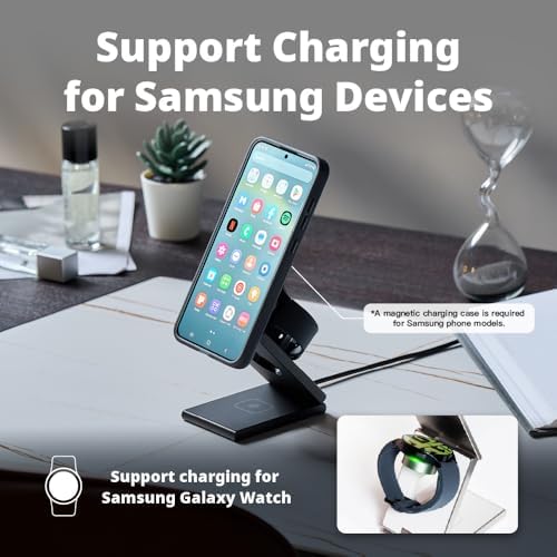 Versatile 3-in-1 Magnetic Wireless Charger for i Phone, Apple Watch & Samsung Galaxy – Travel-Friendly Foldable Charging Station with Fast Charging Capability, Enhanced Compatibility & Sleek Design (White)