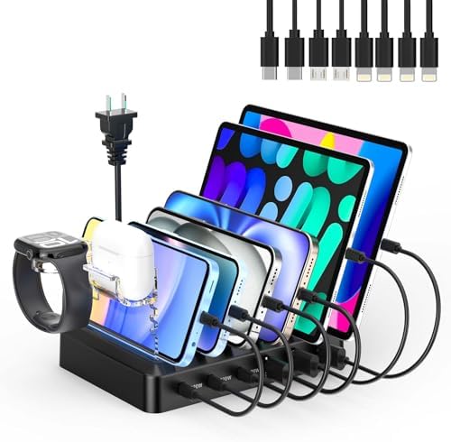 Catlyn 6-Port Fast Charging Station with 90 W Power Output – Multi-Device Organizer Dock with 8 Mixed Charger Cables for Seamless Home and Office Use – Compatible with i Phone, i Pad, Kindle & More – Compact Design for Clutter-Free Charging
