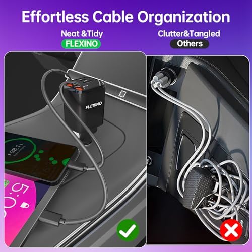 Premium Flexino Compact Retractable Car Charger for i Phone 16 – 69 W Fast Charging with Dual 2.6 ft USB C Cords | Efficient Power Adapter Compatible with i Phone 16/15/14/13/12 Series & Galaxy Devices | Sleek Grey Design for Ultimate Portability and Reduced Cable Clutter