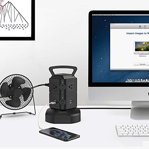 JACKYLED Power Strip Tower Surge Protector with 12 Outlets and 6 USB Ports (2 USB-C) – High-Speed Charging Station with 1050 Joules Protection, 1625 Watts, 6.5 ft Extension Cord for Enhanced Home Office Efficiency and Device Safety
