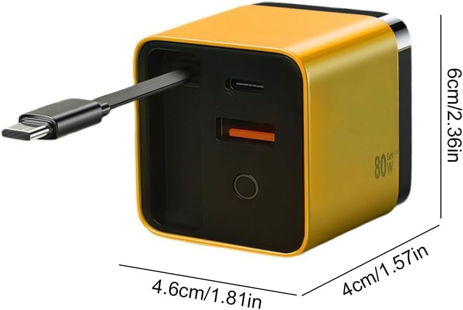 Revolutionize Your Charging Routine: 80 W Retractable 3-in-1 Travel Charger for Phones & Laptops – Fast, Compact, Stylish Yellow Design with Advanced Safety Features for On-the-Go Professionals and Students