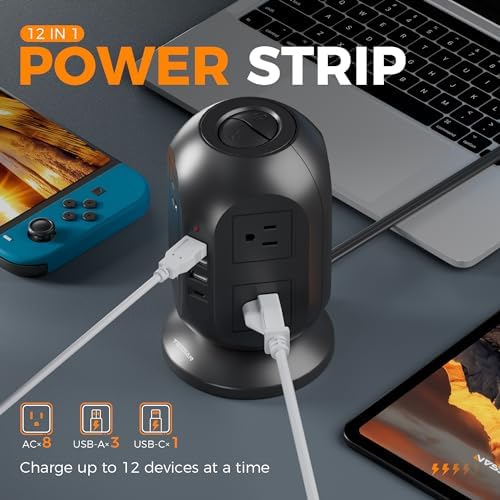 TESSAN Tower Surge Protector Power Strip – 10 ft Flat Extension Cord with 8 AC Outlets & 4 USB Ports (1 USB-C) – Compact Charging Station with Advanced Surge Protection for Home Office & Dorm Use – Optimal Device Safety & Versatile Compatibility