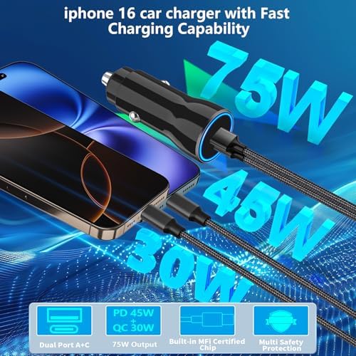 Rombica 105 W MFi Certified Dual USB-C & USB-A Fast Car Charger for i Phone 16 Pro Max – Ultimate Portable Power Solution with 6 FT Coiled Type-C Cable for Rapid Charging on the Go, Perfect for Road Trips and Daily Commuting