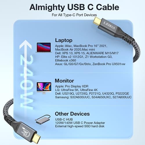 Ultra-Fast 240 W USB C to USB C Charging & Data Transfer Cable – Experience 20 Gbps Speed and 4 K Video Output for Seamless Connectivity with Samsung Galaxy, Mac Book Pro/Air, and i Pad Mini – Perfect for Professionals and Everyday Users Seeking Efficiency and Durability