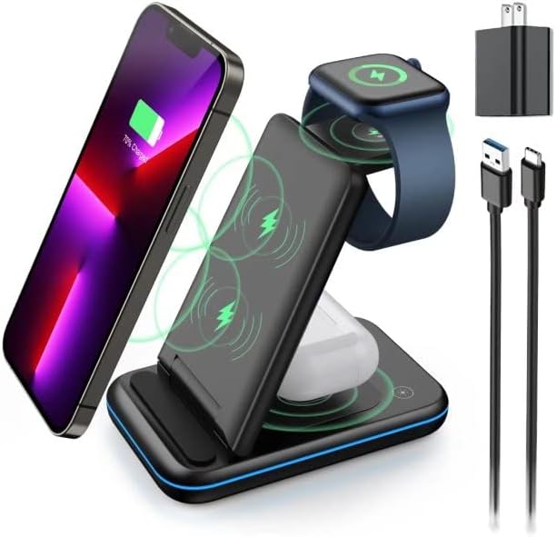 Versatile 3-in-1 Wireless Charging Station with Foldable Design – 15 W Fast Qi Charger Dock for Apple Watch, Air Pods & i Phone/Samsung Devices – Includes 18 W QC3.0 Adapter for Enhanced Speed and Compatibility