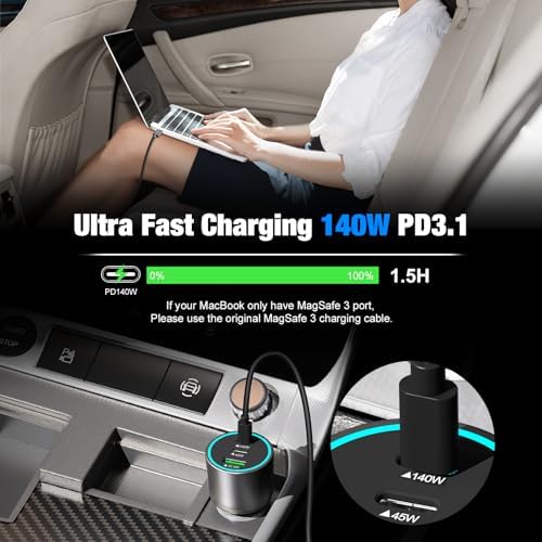 Power Up on the Road: 140 W USB C Car Charger with PD3.1 & PPS Technology for Super Fast Charging, Compatible with i Phone 16 Pro Max, Mac Book Pro/Air, Samsung S25, and Drones – Includes 100 W E-Mark Cord for Ultimate Safety and Efficiency
