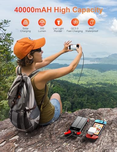 Ultimate 40000 m Ah Solar Power Bank – All-in-One Charging Solution with 20 W Fast Charge, Built-in 4 Cables, and Dual LED Flashlights for Outdoor Essentials – Waterproof, Durable Design for Universal Device Compatibility and Emergency Preparedness