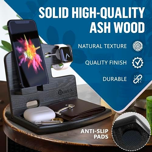 BarvA Wood Docking Station | Phone Stand & Desk Organizer | Night Stand Charging Station & Phone Holder | Portable Nightstand Organizer for Men’s Accessories | Ideal Gifts for Men – Enhanced Compatibility and Speed