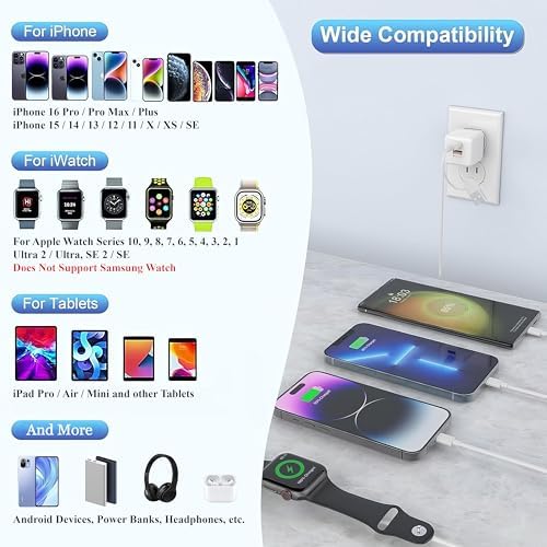 Ultimate 4-in-2 USB-C Fast Charger for Apple Watch and i Phone – 30 W PD Wall Plug with 6 FT Magnetic Cable for Series 10/9-1/SE/Ultra and i Phone 16 Pro Max/15/14 – Ideal Multi-Device Travel Solution for Rapid Charging and Enhanced Compatibility