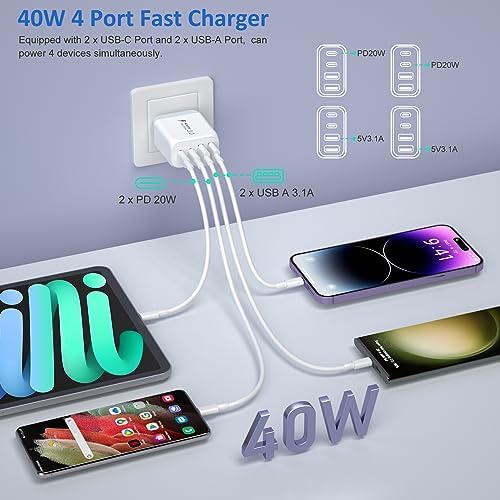 38 W Dual Port Fast Car Charger for i Phone 16 & 15 – Includes 2 Braided 6 ft USB-C Cables & 40 W Wall Adapter – Quick Charge 3.0 Cigarette Lighter Adapter for i Pad, Samsung & Tablets – Ultimate On-the-Go Charging Solution