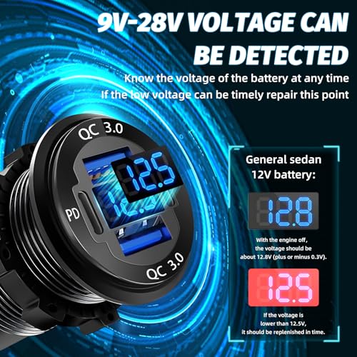 12 V USB Charger with LED Voltmeter – Premium 4-Port Aluminum Alloy Outlet Featuring Dual PD3.0 & QC3.0 Fast Charging for Cars, Boats, RVs, and More – Ultimate On-the-Go Power Solution (Pack of Two)
