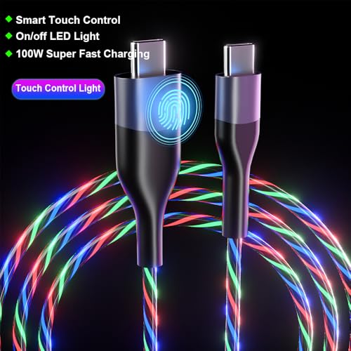 Revolutionary 6 ft Smart Touch-Control RGB LED USB C to C Cable – Rapid 3 A Fast Charging TPE Charger for Phones, Tablets & Laptops – Durable Design with Eye-Catching Flowing Light for Ultimate Style and Functionality