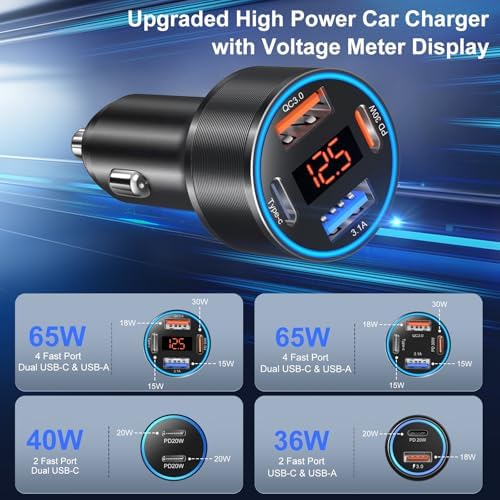 65 W 4-Port USB C Car Charger – Dual USB-A & USB-C Cigarette Lighter Adapter with Built-in Voltmeter for Safe Fast Charging – Ideal for i Phone 16/15/14/13/12/11 Pro Max and Android Devices – Travel Essential Accessory for High-Speed Power Supply