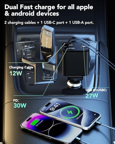 Ultimate 4-in-1 Retractable Car Charger with Dual USB Lightning Ports – 60 W Fast Charging Solution for i Phone 11-16, Tangle-Free 2.6 Ft Cables, Compact Design for Effortless On-the-Go Power Management