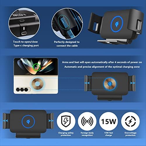 15 W Fast Wireless Car Charger Mount for Galaxy Z Fold Series, i Phone 15/14/13 Pro Max, and Google Pixel 6 Pro – Ultimate Smartphone Holder with 360° Rotation, Adjustable Arms, and Rapid Charging Technology for Enhanced On-the-Go Convenience