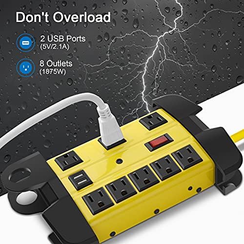 Industrial Heavy Duty Power Strip with 8 Outlets & USB Ports – 2700 Joules Surge Protector for Workshop & Garage – 15 Amp Metal Power Strip with 6 FT Extension Cord for Enhanced Device Compatibility & Fast Charging