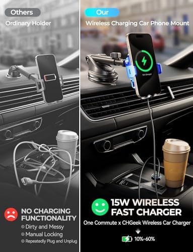 Discover the CHGeek Auto-Clamping Wireless Charger and Car Phone Holder, the ultimate solution for modern drivers seeking unmatched convenience and safety. This innovative accessory offers rapid 15 W wireless charging, ensuring that your i Phone 15, 14, 13, 12 Mini, Pro Max, or Samsung Galaxy S23 Ultra, S22+, S21, S20, Note 20 is powered up during every journey. Featuring an intelligent auto-clamping mechanism, this phone mount allows for effortless one-handed operation, securely holding your device even on the roughest terrains. With adjustable viewing angles, you can easily navigate hands-free while keeping your phone within easy reach. Its sleek and durable design seamlessly integrates with any car interior, enhancing both functionality and style. Elevate your driving experience with this essential car accessory that combines cutting-edge technology and sophisticated aesthetics, making it a must-have for tech-savvy individuals on the go. Transform your mobile experience and drive with confidence—upgrade to the CHGeek Car Phone Holder today!