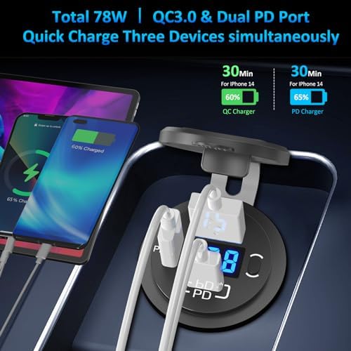 Dual PD 30 W & QC3.0 18 W Car Charger Socket – Qidoe 12 V Waterproof USB Outlet with Integrated Voltmeter for Boats, RVs, and Vehicles – High-Speed Charging and Enhanced Compatibility for All Your Devices