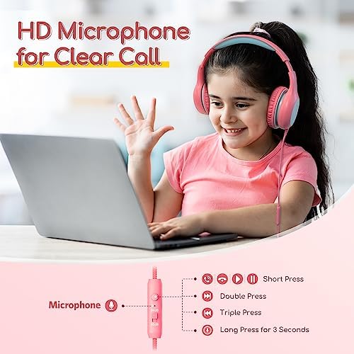 Kid-Friendly Foldable Wired Headphones with Microphone – Volume Limiting Safety (85/94 d B) for Hearing Protection, Share Port for Collaborative Audio, Ideal for Tablets, PCs, and School Use – Enhanced Type C Compatibility for Optimal Sound Quality and Comfort