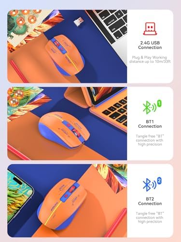 Streamlined Bluetooth Wireless Mouse – Rechargeable Ergonomic Multi-Device Mice (Tri-Mode: BT1/BT2 + 2.4 GHz) with USB Receiver, Stylish Khaki to Pink Design for Laptop, Mac Book, PC, i Mac, i Pad – Ultimate Comfort & Flexibility for Effortless Productivity