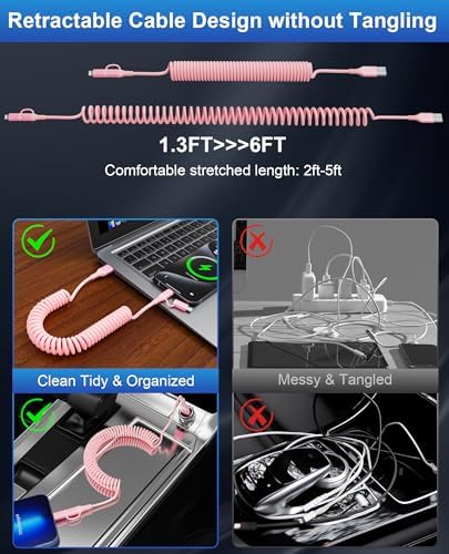 Stylish 2-in-1 Coiled Pink USB-C & Lightning Car Charger – Rapid Charging for i Phone 16/15/14 & Android Devices, Compact Design for Seamless Travel with Apple Car Play & Android Auto Compatibility, Perfect for On-the-Go Power Needs