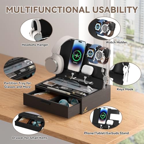 Pezin & Hulin Wooden Charging Station, Bedside Nightstand Tray, with Spacious Drawer, Felt Pads for Phones, Watch, Idea Gifts for Him Birthday, Son, Christmas for Papa Fathers Day – Enhanced Compatibility and Speed