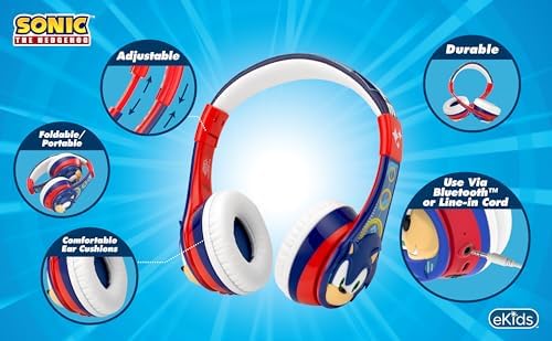 Sonic the Hedgehog Bluetooth Headphones for Kids – Safe Volume-Limited Over-Ear Design with Built-In Mic for Effortless Hands-Free Calls, Perfect for School, Travel, and Home Use – Dual Connectivity with Aux Cord for Ultimate Comfort and Versatile Listening